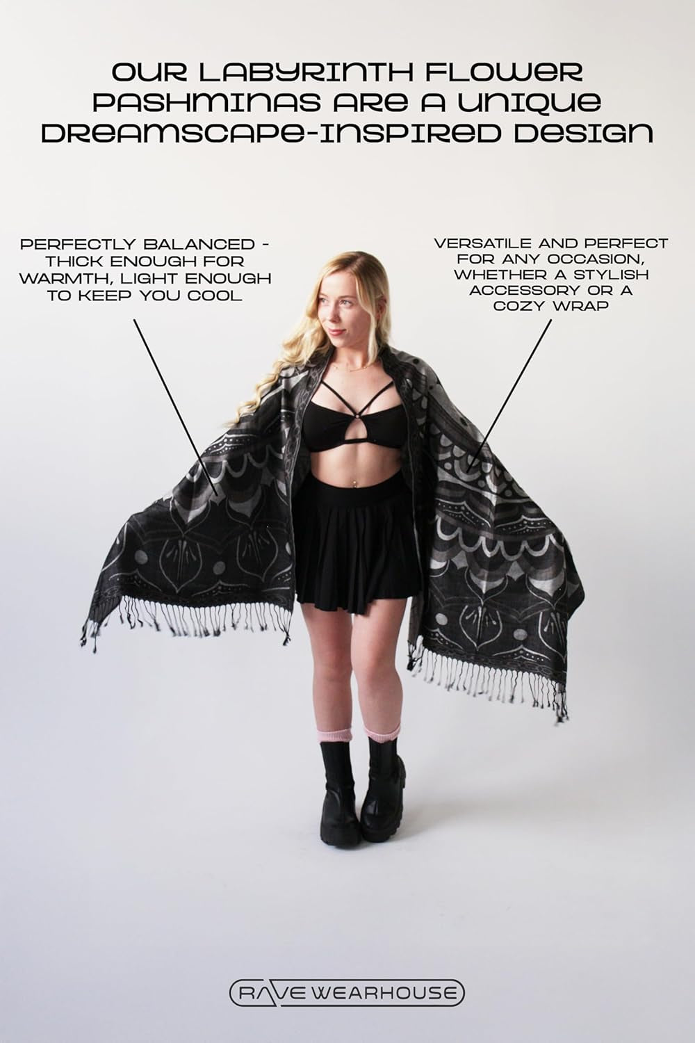 Labyrinth Flower Pashmina Shawl, W/Fringes Womens Scarf, Versatile Wrap for Festivals, Raves, Blankets