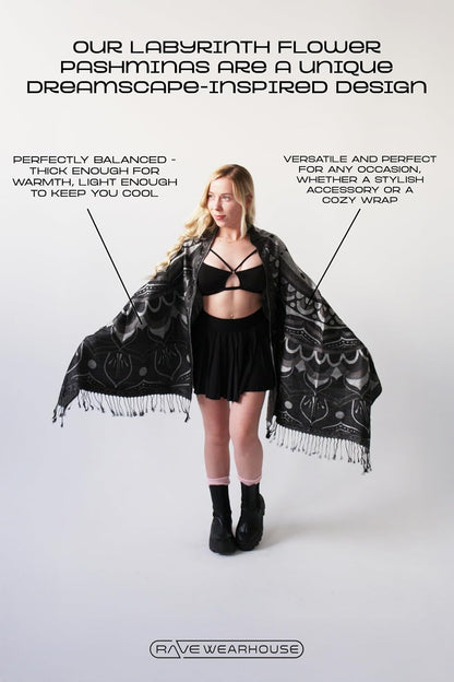 Labyrinth Flower Pashmina Shawl, W/Fringes Womens Scarf, Versatile Wrap for Festivals, Raves, Blankets