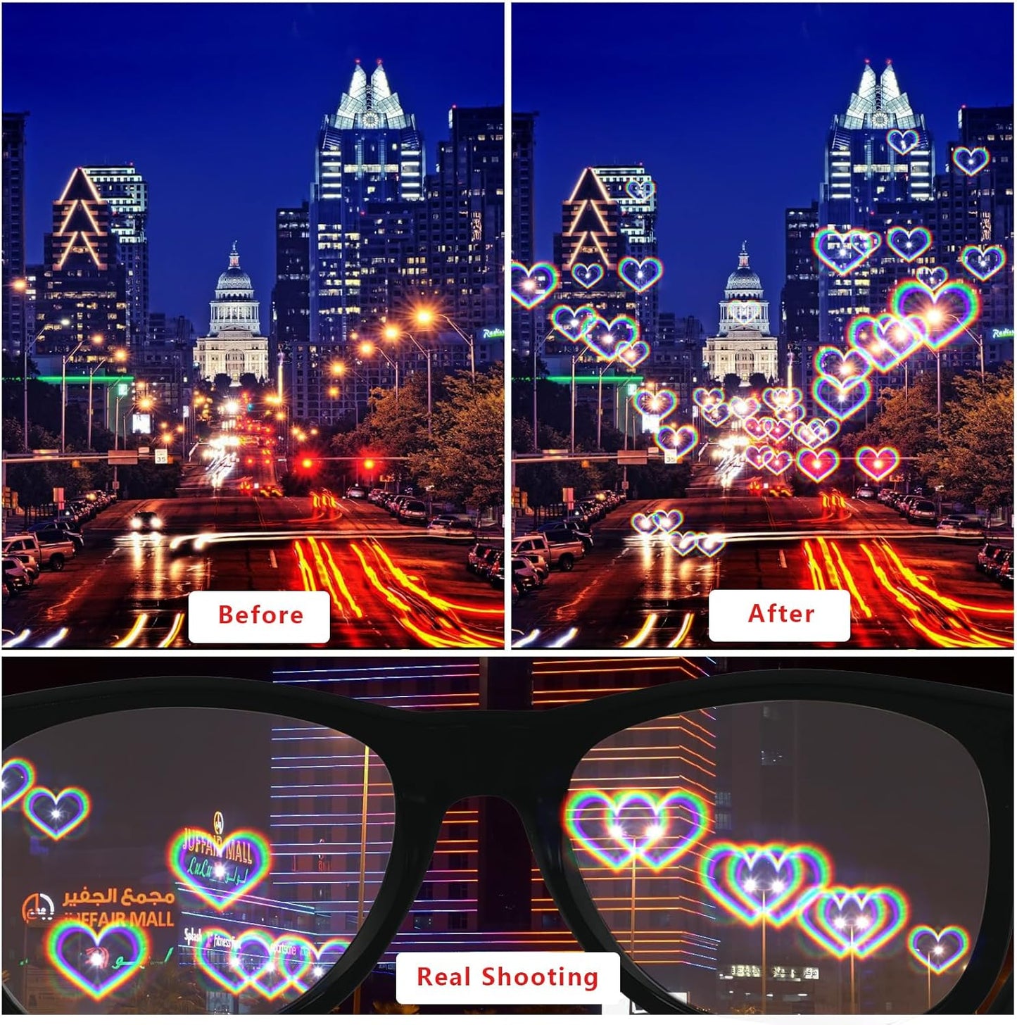 3PCS Diffraction Glasses, 3D Prism Rainbow Heart Star Effect Light Refraction Rave Glasses for Bar Concert EDM Party